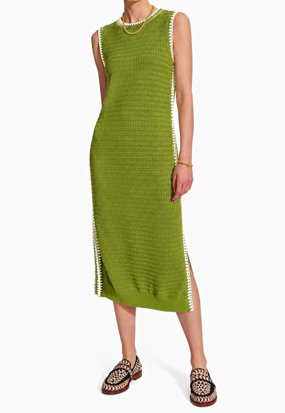 Varley Dwight Green Knit Sleeveless Round Neck Midi Dress Crochet Trim Women’s S